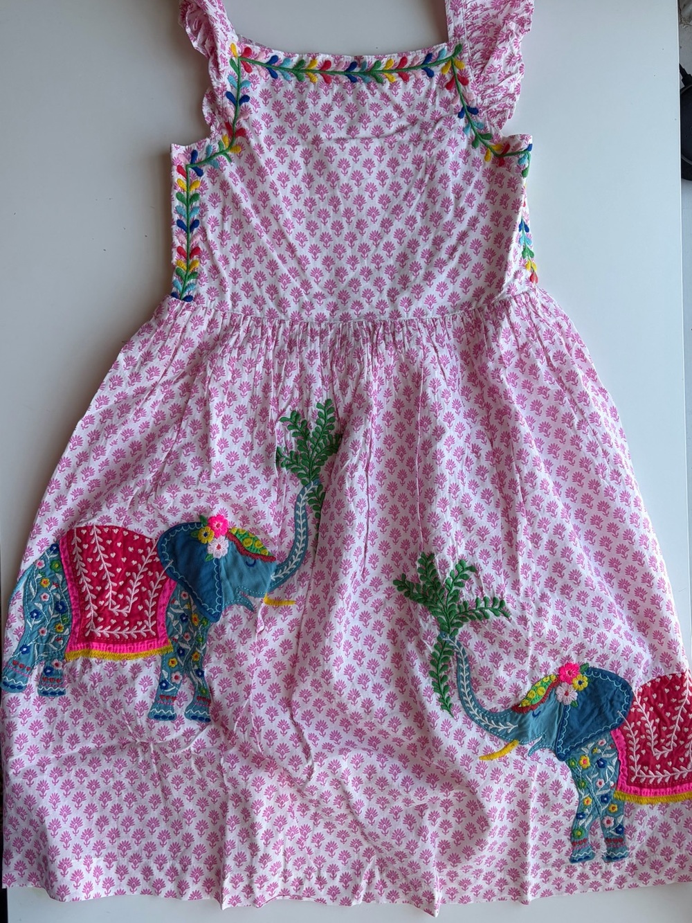 Mini Boden Pink Elephant Print Sundress with Multicolor Embroidery